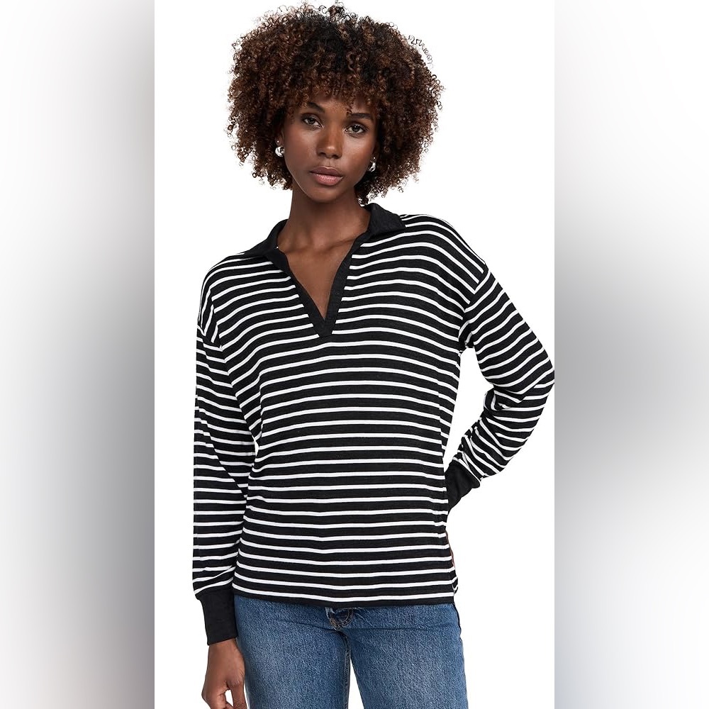 rag & bone The Knit Black White Stripe Polo V Neck Long Sleeve Pullover Size XS